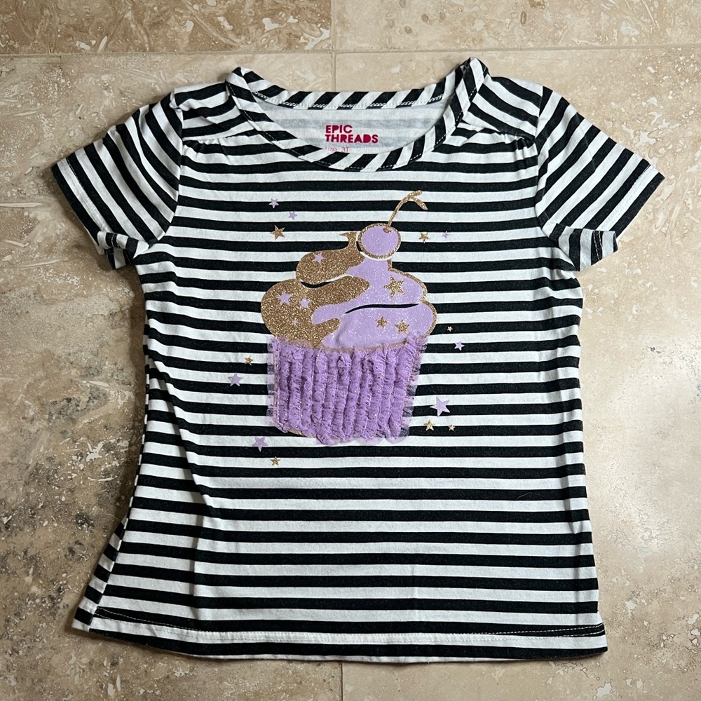 Epic Threads Black and White Striped Tee with Purple Cupcake